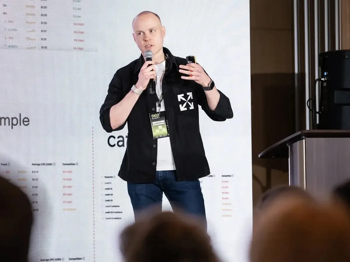 Book Speaking Engagements 2 Vytis Bareika speaking on stage at Baltic-Nordic SEO Summit 2026 in Vilnius